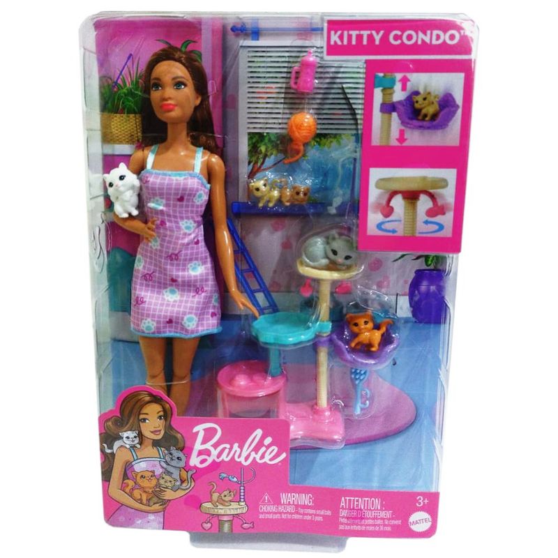 Boneca Barbie Petite Morena Playset Cozinha Gatinho - Mattel