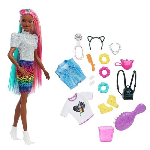 GRN80-Boneca-Barbie-com-Acessorios---Penteado-Leopardo-Arco-Iris---Negra---Mattel-1