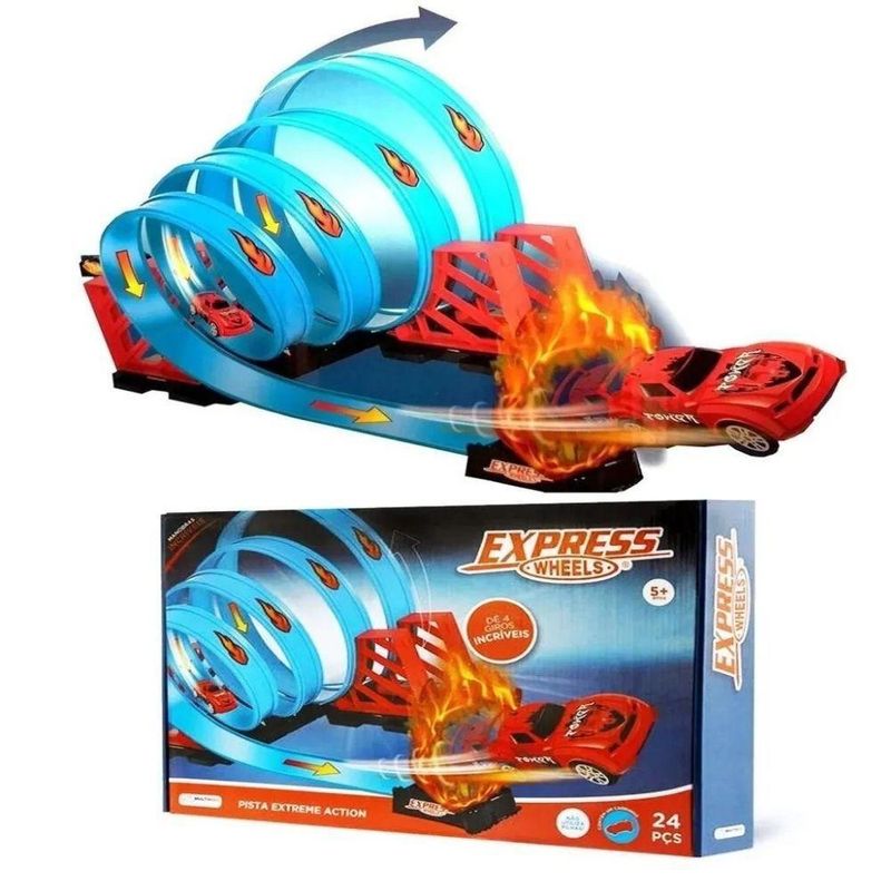 Pista Express Wheels com Carrinho Extreme Action Multikids