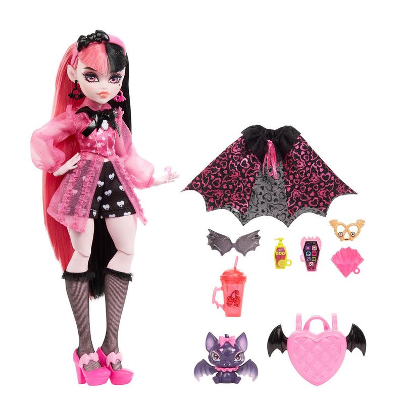Boneca Monster High Draculaura Cabelo Rosa Preto Morcego de Estimação e  Acessórios HHK51 Mattel