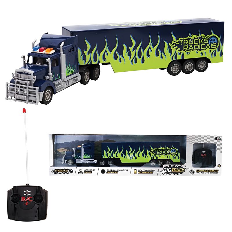 Caminhão Carreta com Controle Remoto - Big Truck com Luz - Azul - 60cm -  Unik Toys - superlegalbrinquedos